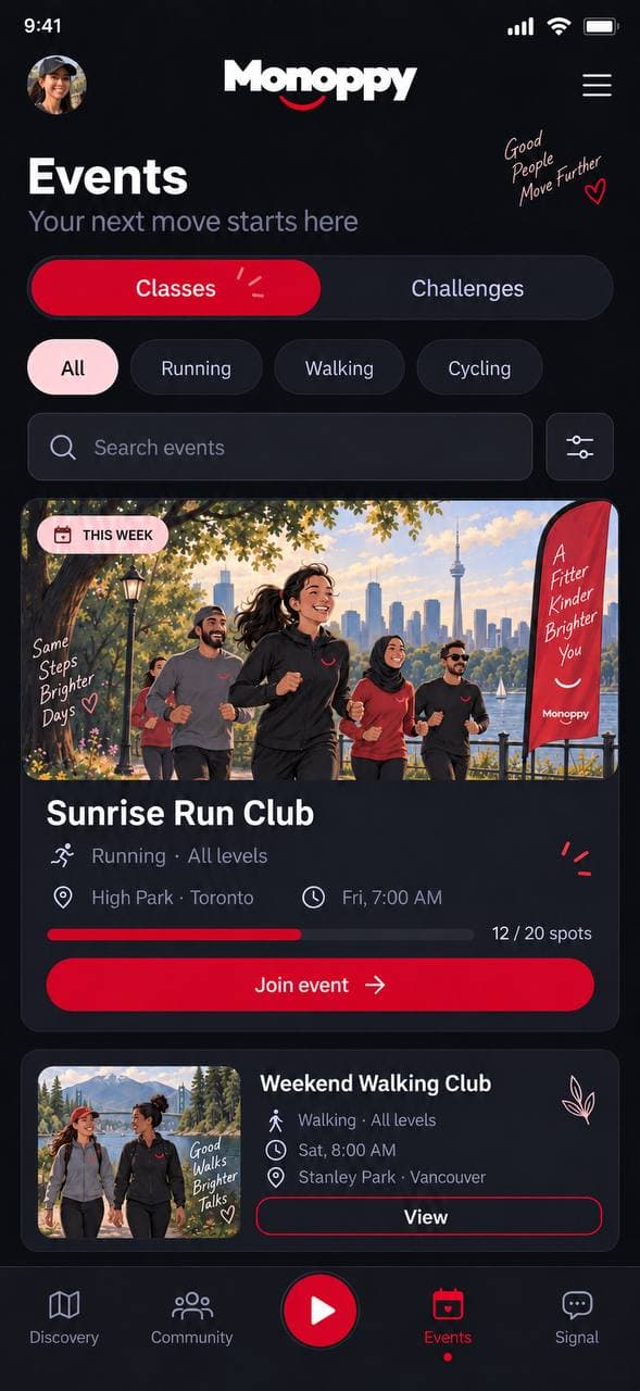 Events — Explore and join events, classes, and challenges.