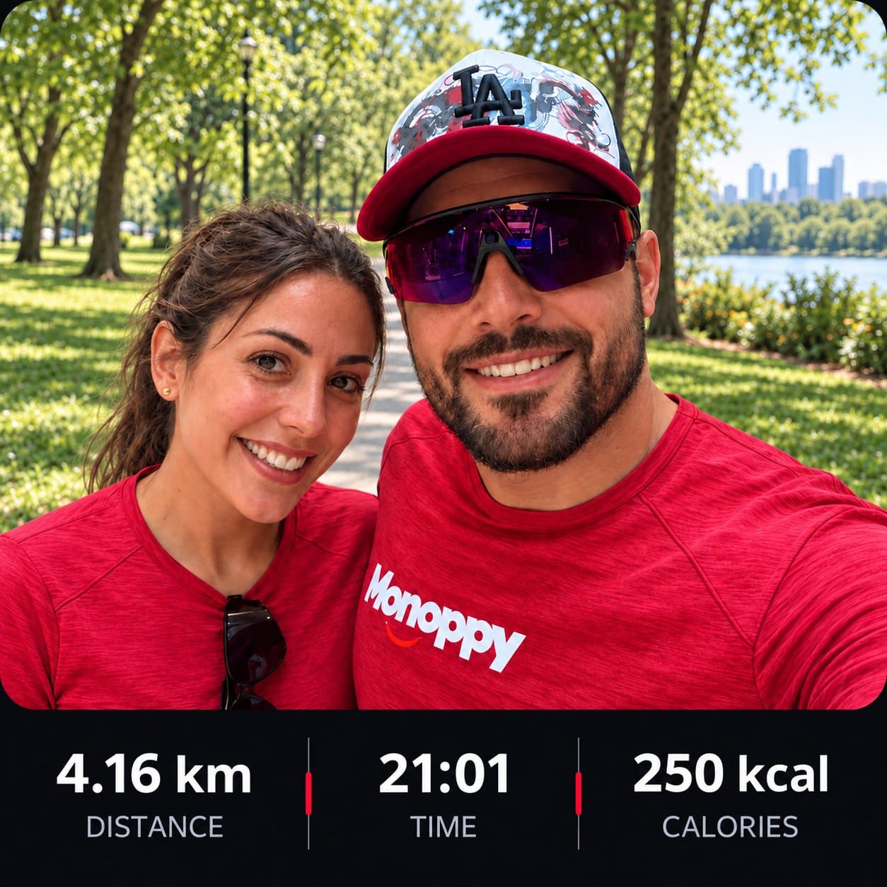 Two runners in Monoppy kit after a park run, with their distance, time and calories
